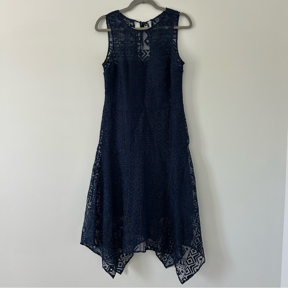 Parker Melissa Navy Blue Geometric Knit Crochet Sleeveless Handkerchief Dress M - Picture 2 of 13